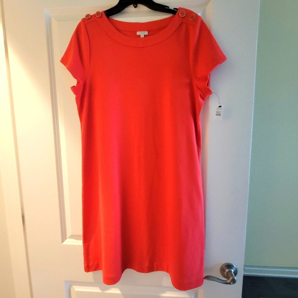 Elegant Coral Button-Shoulder Dress By Talbots Size XL.39 Long From Solder